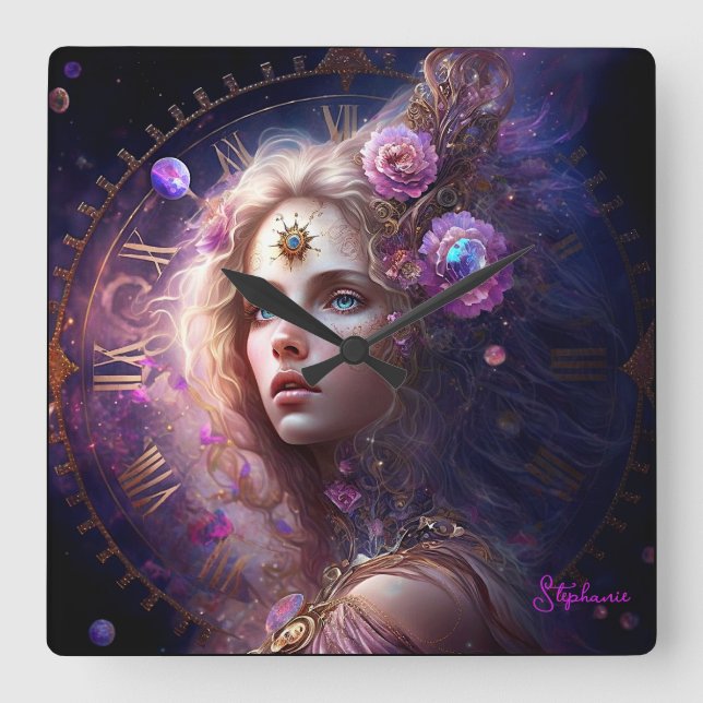 Fantasy Princess Purple Flowers Square Wall Clock (Front)