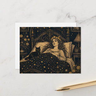 Fantasy Queen and Her Black Cat in Bed Postcard