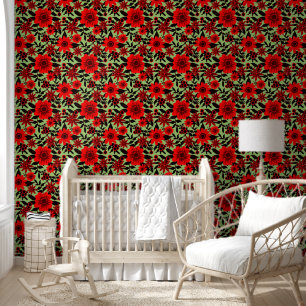 Fantasy Red and Green Jungle Floral Wallpaper
