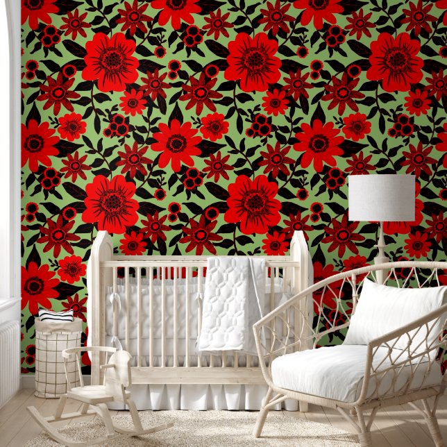 Fantasy Red and Green Jungle Floral Wallpaper (Kids)