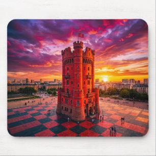 Fantasy Red Chess Castle Building On Chequerboard Mouse Mat