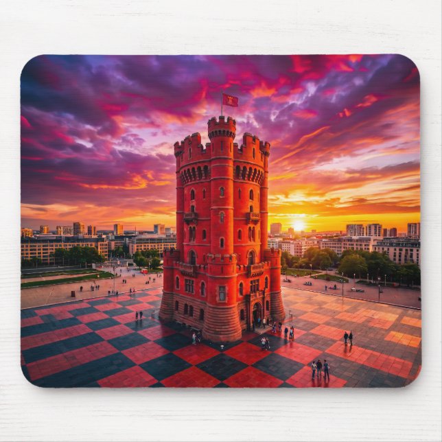 Fantasy Red Chess Castle Building On Chequerboard  Mouse Mat (Front)