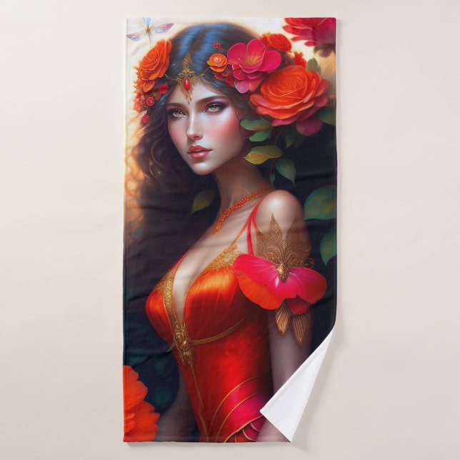 Fantasy Red Fairy Red Flowers Bath Towel Set (Bath Towel)