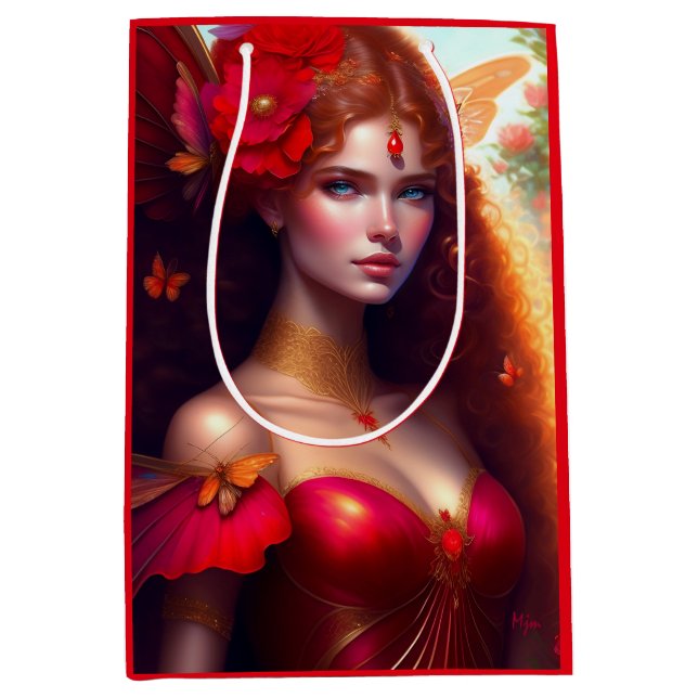 Fantasy Red Fairy Red Flowers Decoupage Medium Gift Bag (Front)