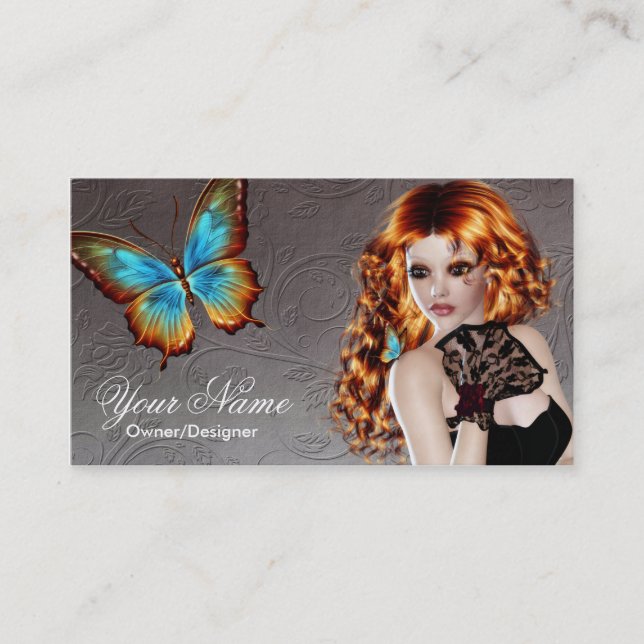 Fantasy Redhead Butterfly Woman Business Card (Front)