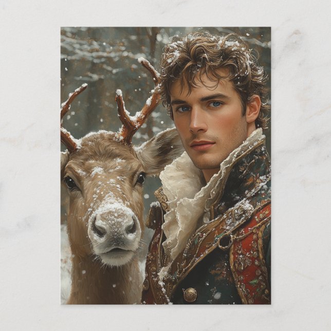 Fantasy reindeer and a handsome man Christmas Postcard (Front)