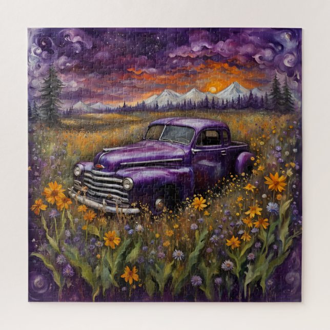 Fantasy Retro Purple Vechicle in a Mountain Meadow Jigsaw Puzzle (Vertical)