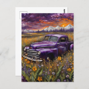 Fantasy Retro Purple Vechicle in a Mountain Meadow Postcard
