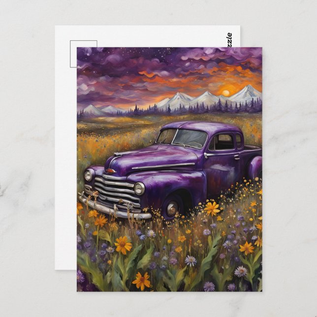 Fantasy Retro Purple Vechicle in a Mountain Meadow Postcard (Front/Back)