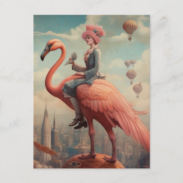 Fantasy Ride on a Pink Flamingo Postcard (Front)
