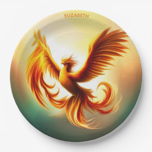 Fantasy Rising Golden Phoenix Art Deco Style Paper Plate