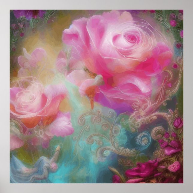 Fantasy Roses Painted In Pink Vintage Botanical  Poster (Front)