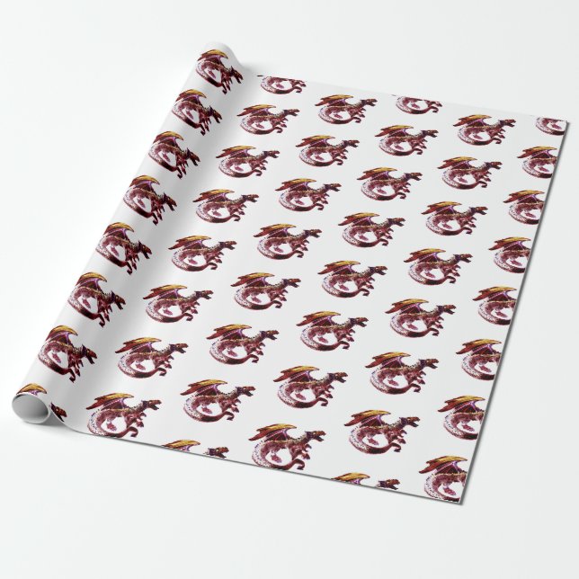Fantasy Ruby Red Dragon Wrapping Paper White (Unrolled)