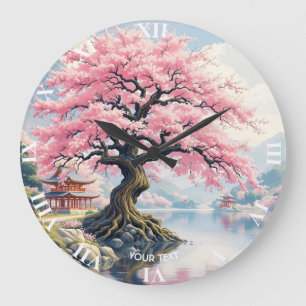Fantasy Sakura Temples Lake Large Clock