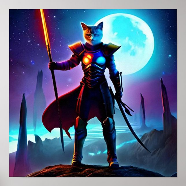 Fantasy Sci-fi Cat Warrior Digital Art Poster (Front)