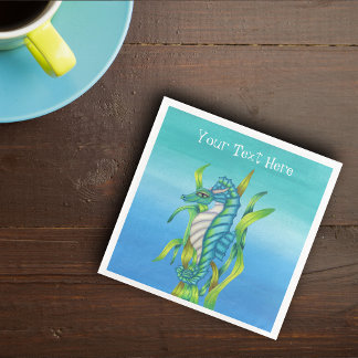 Fantasy Sea Dragon Aqua Blue in Seaweed on blues Napkin