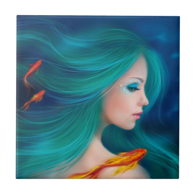 fantasy sea mermaid with red fishes tile (Front)