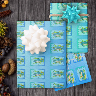 Fantasy Seahorse Type Dragon Blues Greens Seaweed Wrapping Paper Sheet