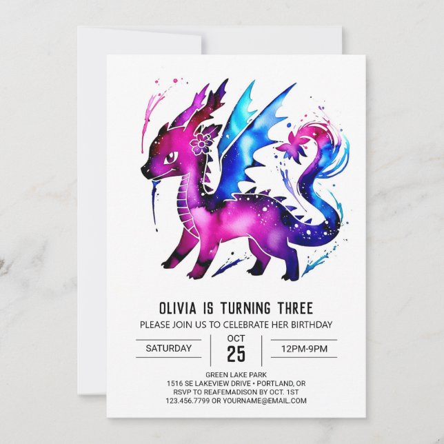 Fantasy Simple Dragon Digital Girl Birthday Invitation (Front)