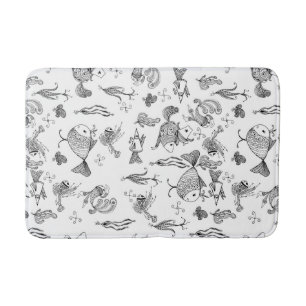 Fantasy sketched fishes creachers plants leaves se bath mat