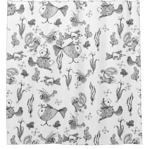 Fantasy sketched fishes creachers plants leaves se shower curtain
