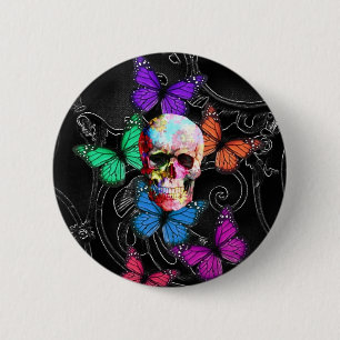 Fantasy skull and colored butterflies 6 cm round badge