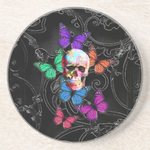 Fantasy skull and coloured butterflies coaster