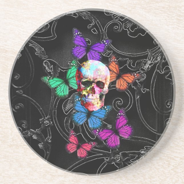 Fantasy skull and coloured butterflies coaster (Front)