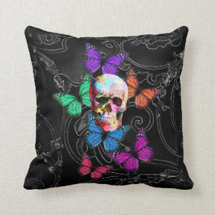Fantasy skull and coloured butterflies cushion