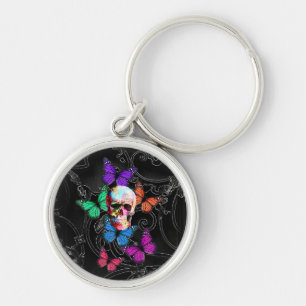 Fantasy skull and coloured butterflies key ring