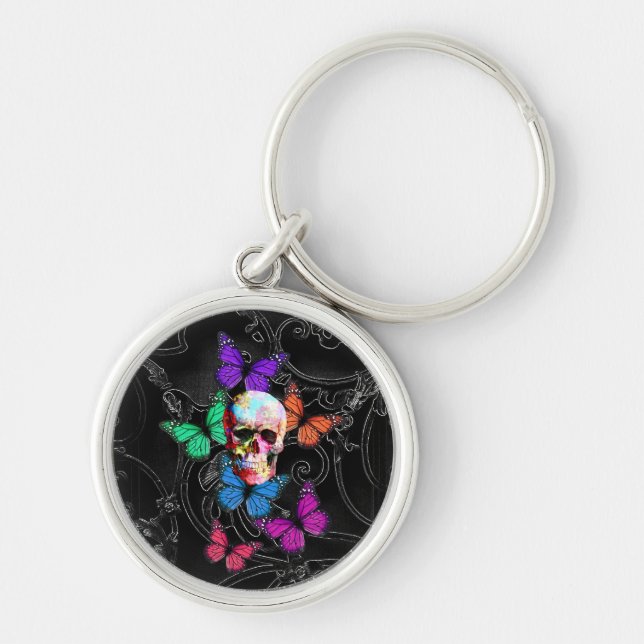 Fantasy skull and coloured butterflies key ring (Front)
