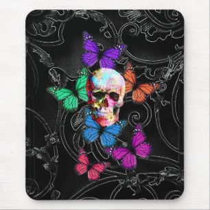 Fantasy skull and coloured butterflies mouse mat
