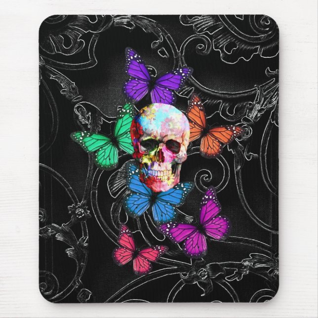 Fantasy skull and coloured butterflies mouse mat (Front)