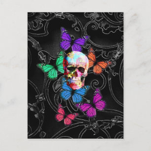Fantasy skull and coloured butterflies postcard
