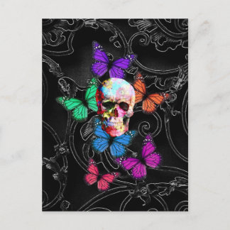 Fantasy skull and coloured butterflies postcard
