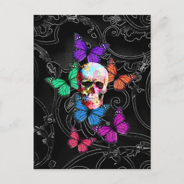 Fantasy skull and coloured butterflies postcard (Front)