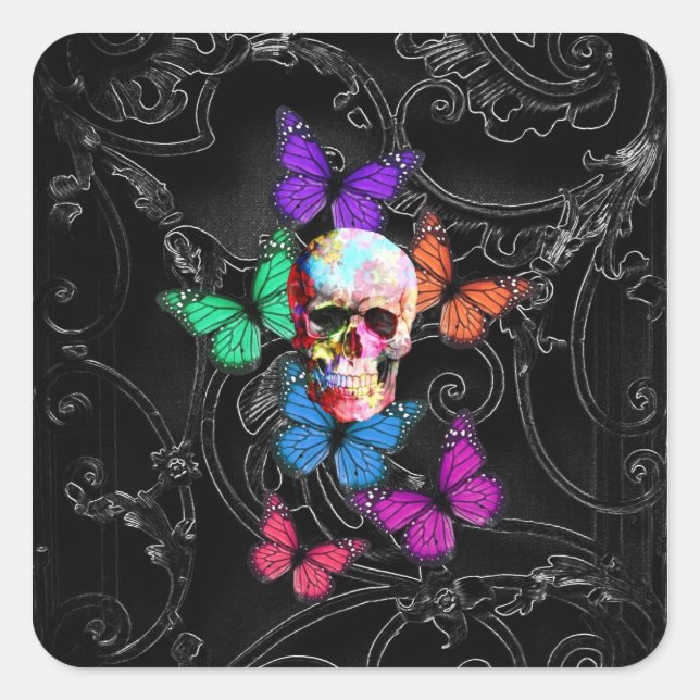 Fantasy skull and coloured butterflies square sticker (Front)