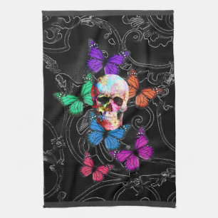 Fantasy skull and coloured butterflies tea towel