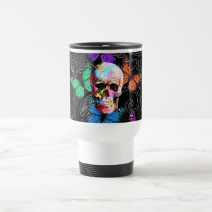 Fantasy skull and coloured butterflies travel mug
