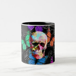 Fantasy skull and coloured butterflies Two-Tone coffee mug