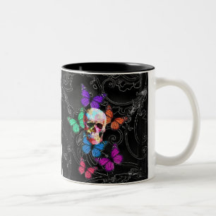 Fantasy skull and coloured butterflies Two-Tone coffee mug