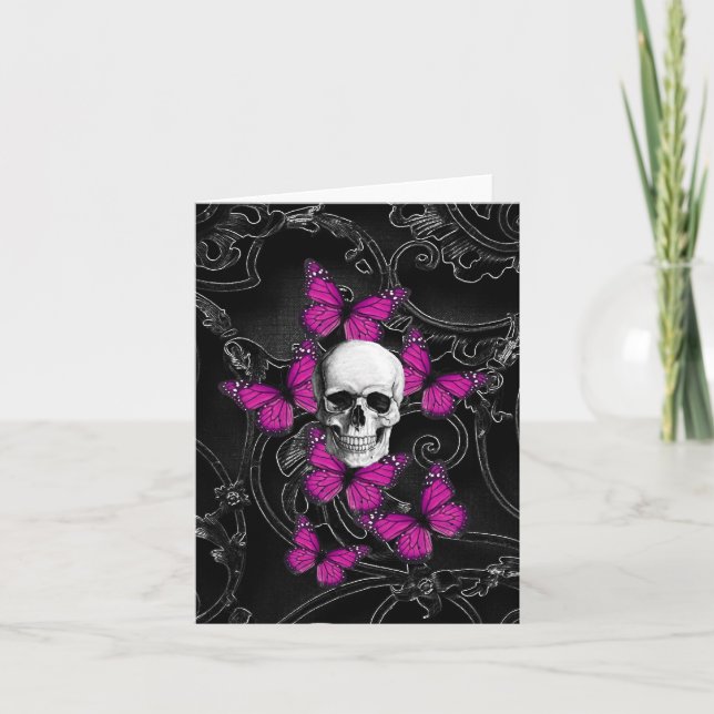 Fantasy skull and hot pink butterflies card (Front)