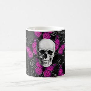 Fantasy skull and hot pink butterflies coffee mug