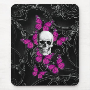 Fantasy skull and hot pink butterflies mouse mat