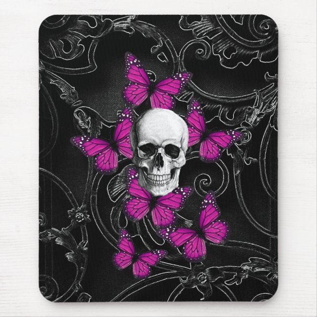 Fantasy skull and hot pink butterflies mouse mat (Front)