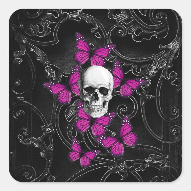 Fantasy skull and hot pink butterflies square sticker (Front)