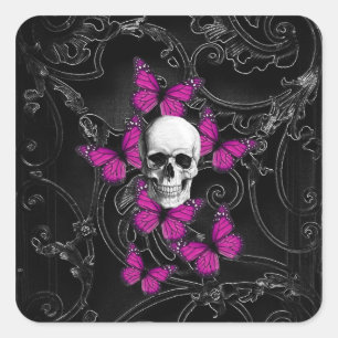 Fantasy skull and hot pink butterflies square sticker