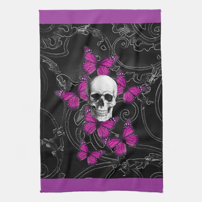 Fantasy skull and hot pink butterflies tea towel (Vertical)