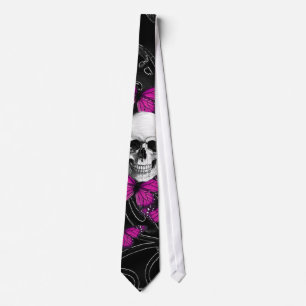 Fantasy skull and hot pink butterflies tie