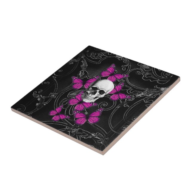 Fantasy skull and hot pink butterflies tile (Side)